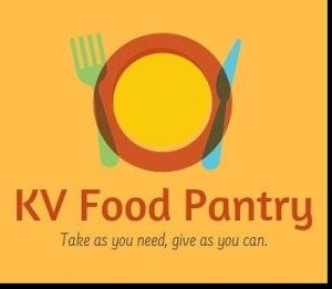 This picture displays a fork and knife on either side of a plate and includes the logo for the KV Food Pantry. It includes this phrase: Take as you need, give as you can.