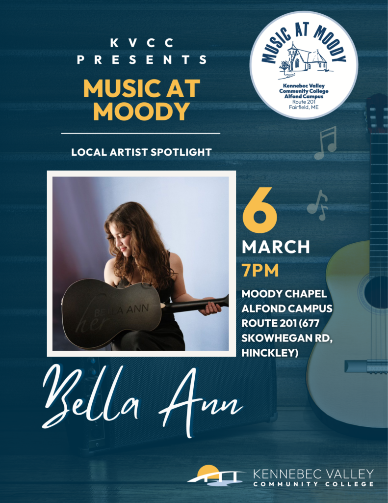 Flyer for the Music at Moody event with Bella Ann. March 6 at 7 pm in Moody Chapel.
