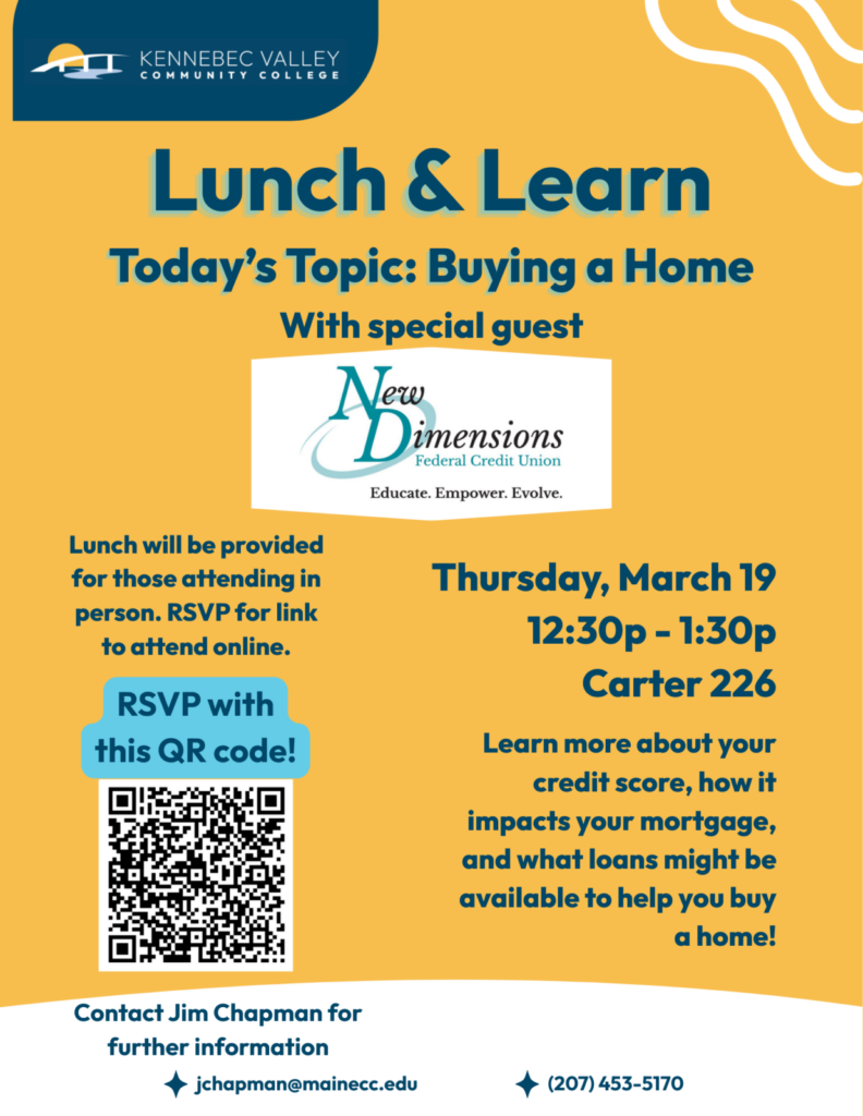 Flyer for Lunch and Learn program on March 19 at 12:30pm. Special guest New Dimensions.