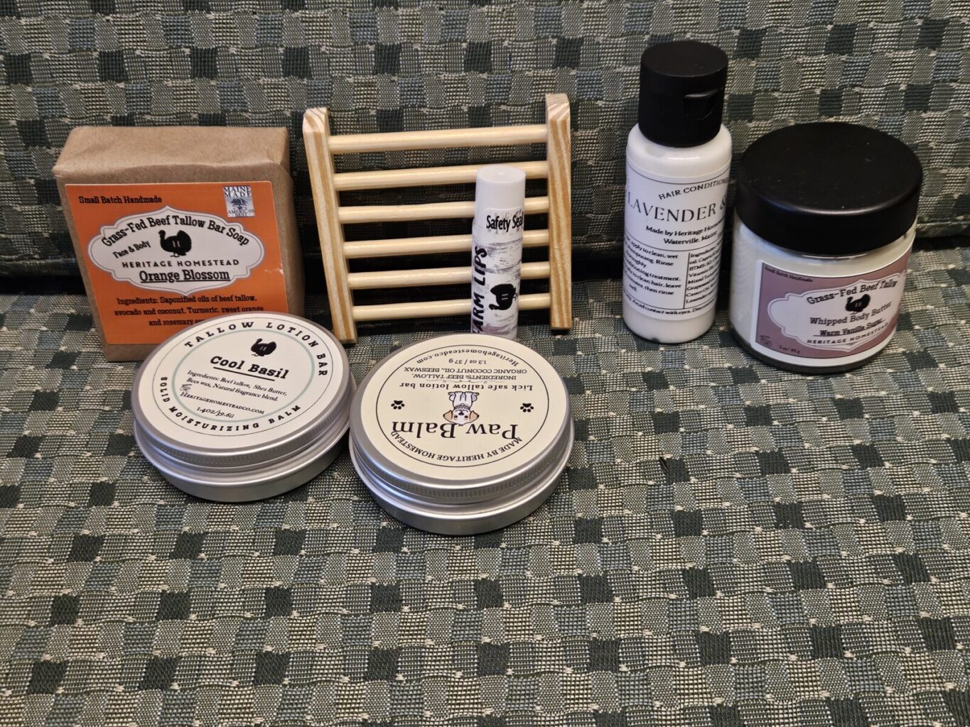 Self care related items such as balms, hair products, and skincare.