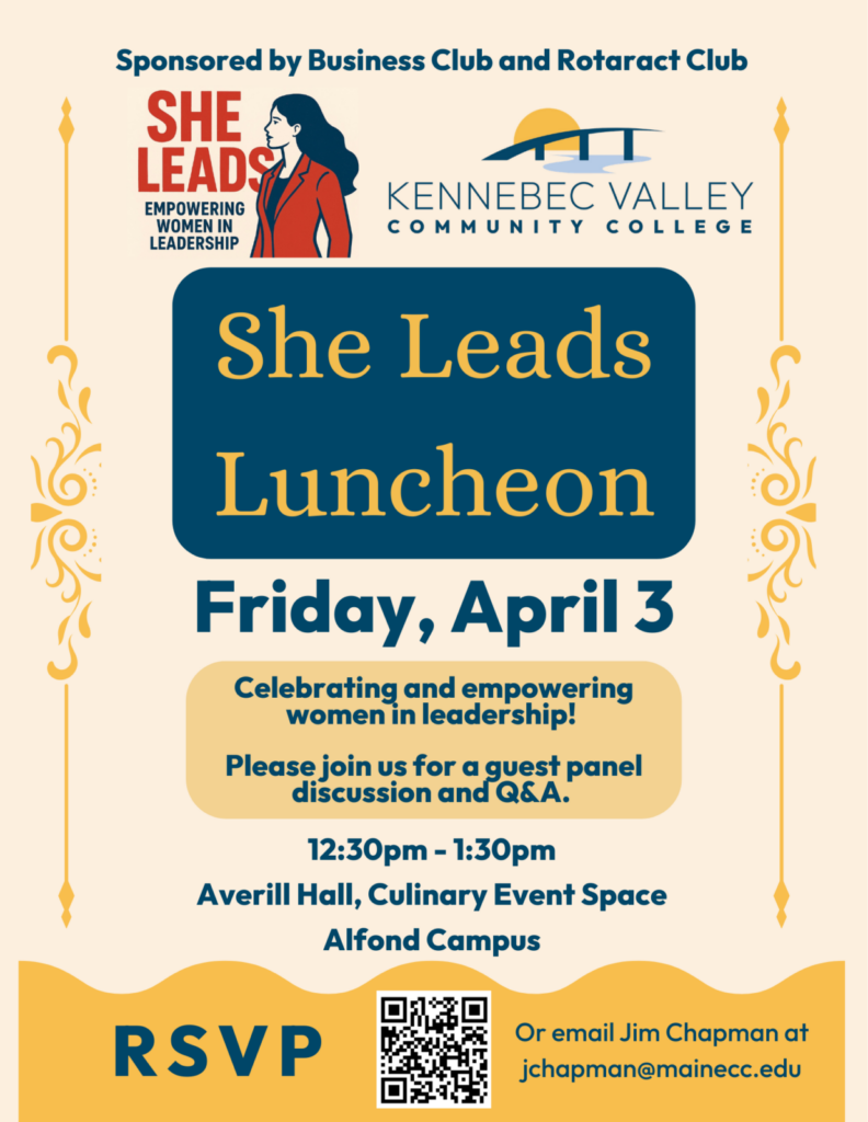 Flyer for the She Leads Luncheon on Friday, April 3 from 12:30 to 1:30 pm. 