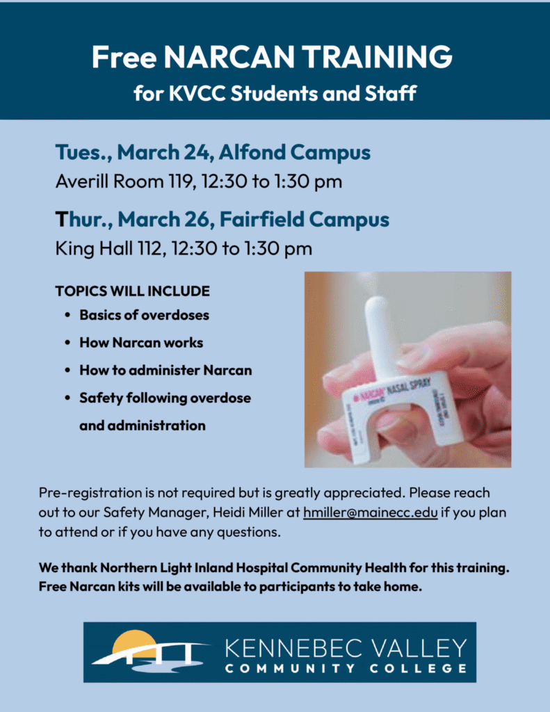 Flyer for free Narcan training for KVCC staff and students. March 24 on the Alfond campus. March 26 on the Fairfield campus.